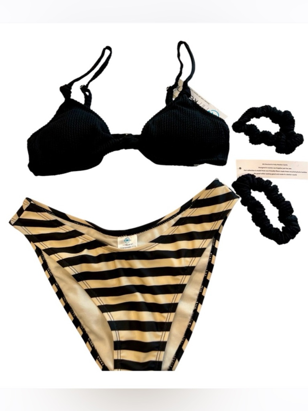 Black Textured Bikini Top with Black-and-Cream Striped Bikini Bottom NWT